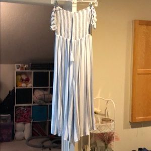 Off the shoulder blue and white jumpsuit